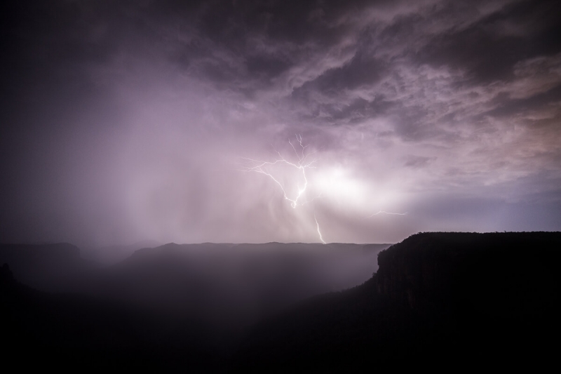 storm with lightning bolts at Govetts Leap