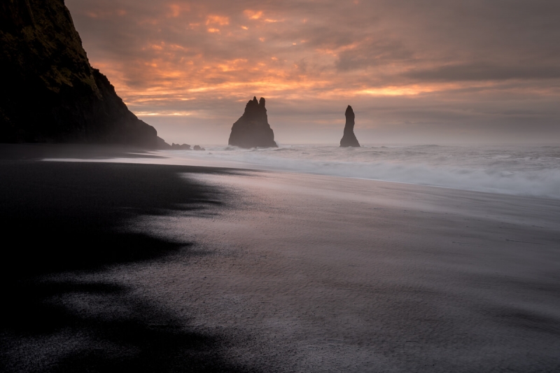 Sunrise at black sand beach south iceland