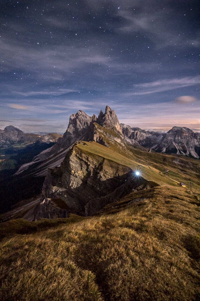 Seceda Italian Dolomites during the night