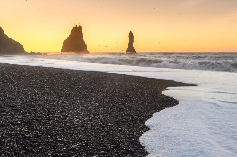Reynisfjara black sand beach, Iceland during sunrise