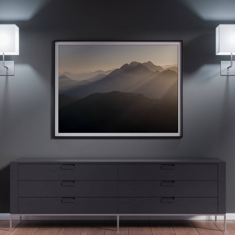Mountain peaks, light beams Switzerland.