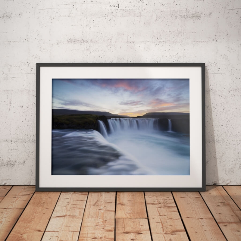 Godafoss horse shoe shaped waterfall during sunset