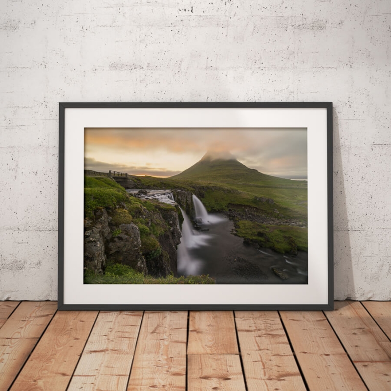 Kirkjufell mountain with waterfall during sunset