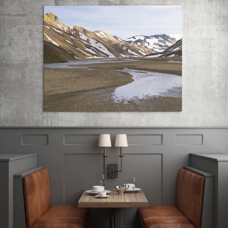 Landmannalaugar, Iceland with river and snow patches.