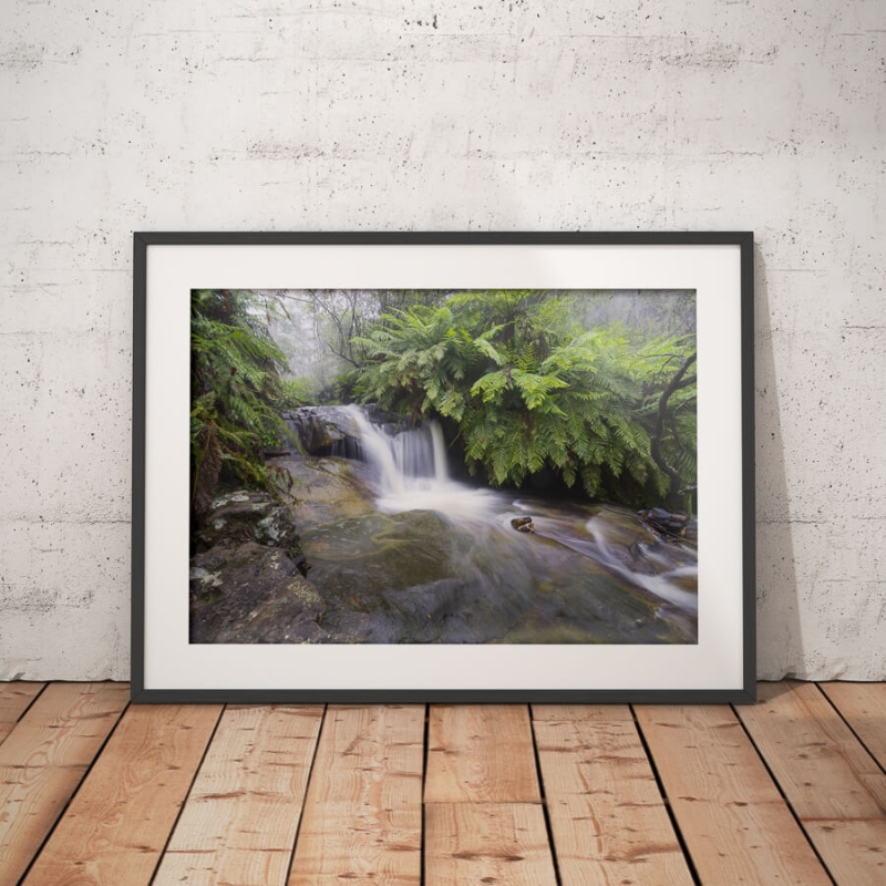 vibrant green fern forest and waterfall