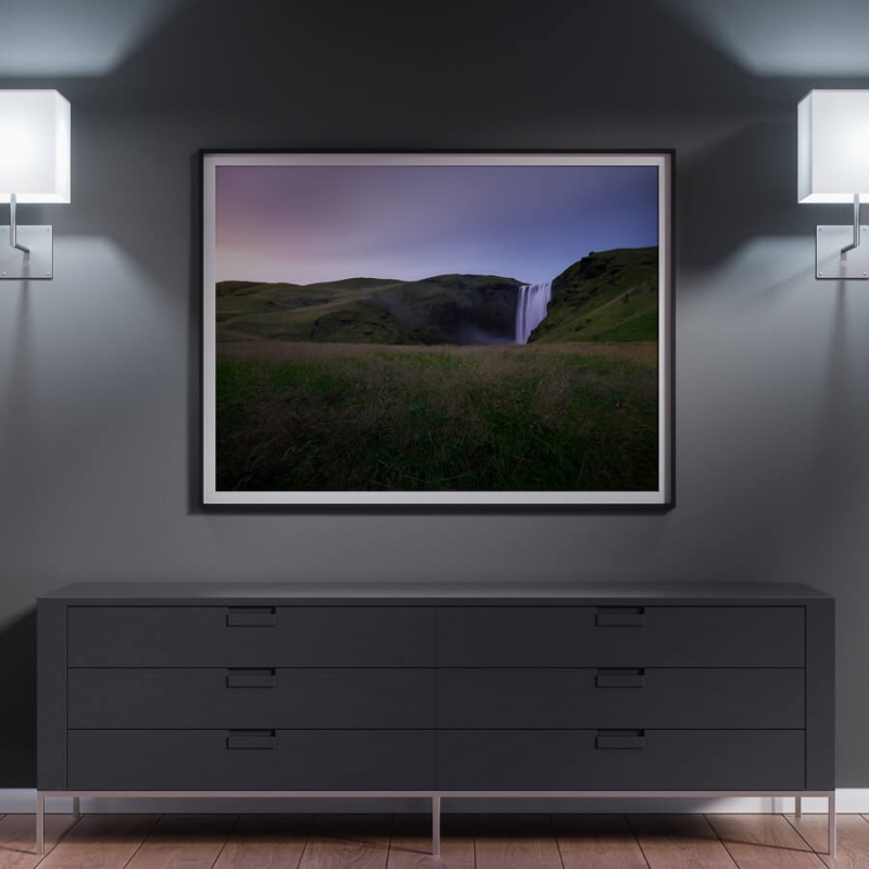 Skogarfoss Iceland, during a pleasant sunset. A soft transition of pastel colours ranging from warm to cool.